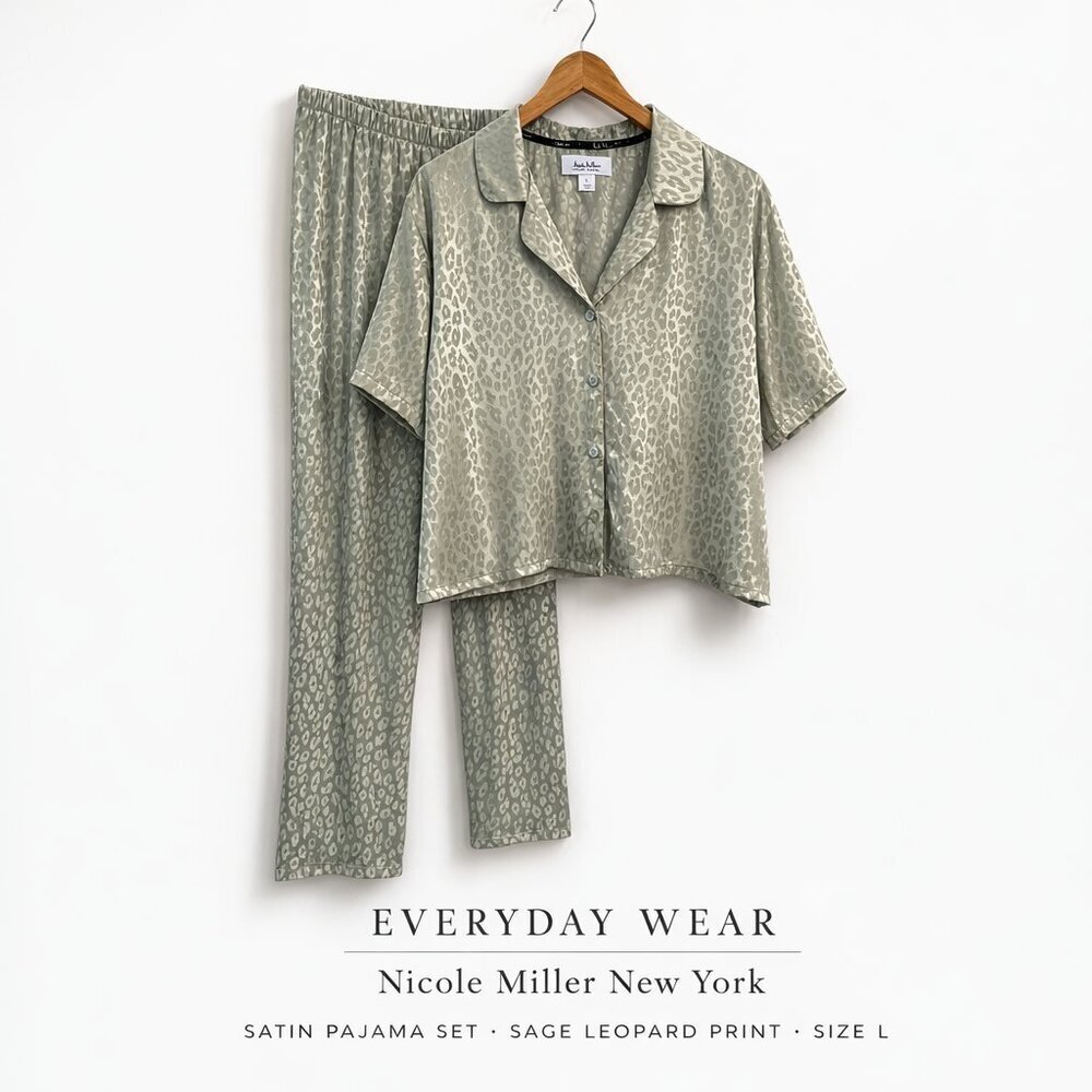 Nicole Miller NY Satin Pajama Set Sage Leopard Print L Lounge